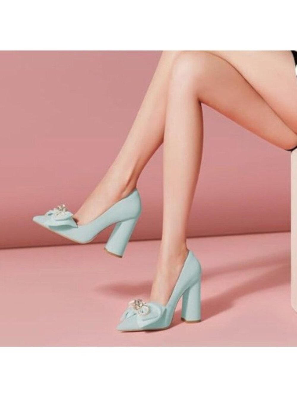 FSJ Women Rhinestone Bow Pointed Toe Pumps Shining Crystal Bowtie High Heel Blue